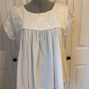 Boho Embroidered Cotton Tunic Top - White